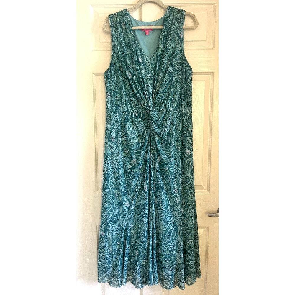 Isaac Mizrahi Live! Teal Paisley Mesh Twist Front Maxi Dress Women's Sz XLT Tall